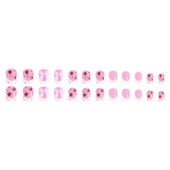 Short Glossy French Bowknot Strawberry Nails 24 Wearable Nails for Women Girls Easy Apply