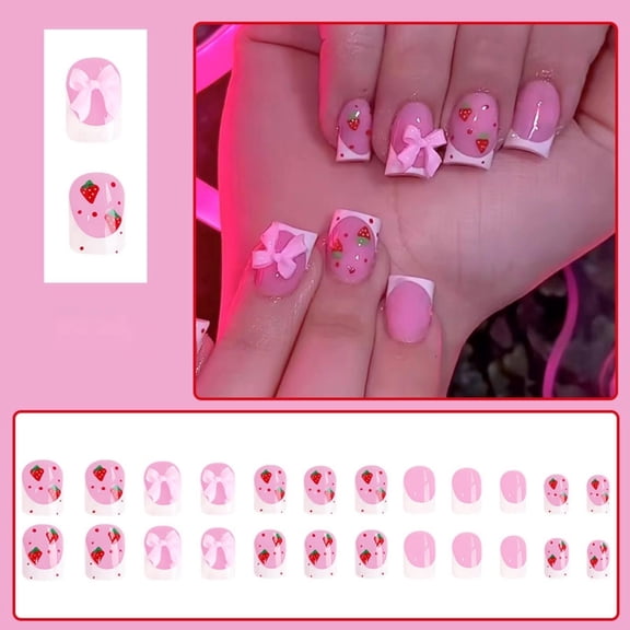 Short Glossy French Bowknot Strawberry Wearable Nails - 24 of Elegant Fingernails for Stylish