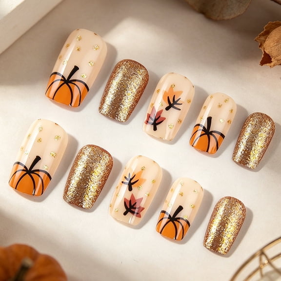Short Glossy Maple Leaf Press On Nails Fall Coffin Fake Nails
