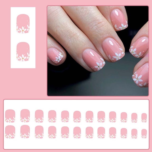 Short Glossy Spring Summer Nail Art 24 Pcs, Flower Glitter Light Irregular Lines Glitter Design