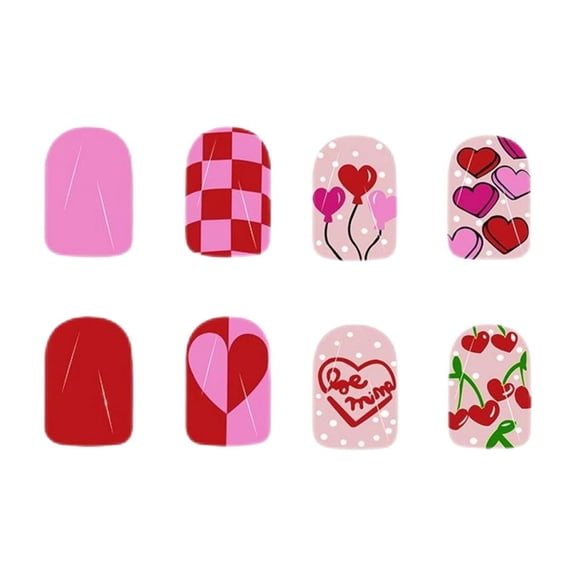 Short Glossy Square Nails with Heart Design 24 Wearable for Women