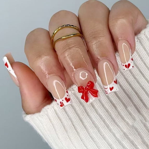 Short Glossy White Heart Presses On Nails 24Pcs Valentines French Design With Bows Accents