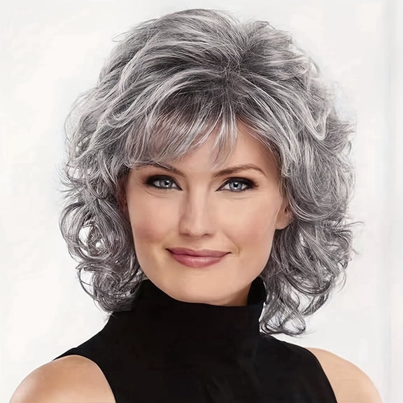 Short Gray Curly Wig for Women with Bangs, Natural Silver Synthetic Wig for Daily Wear, Halloween Costume and Cosplay