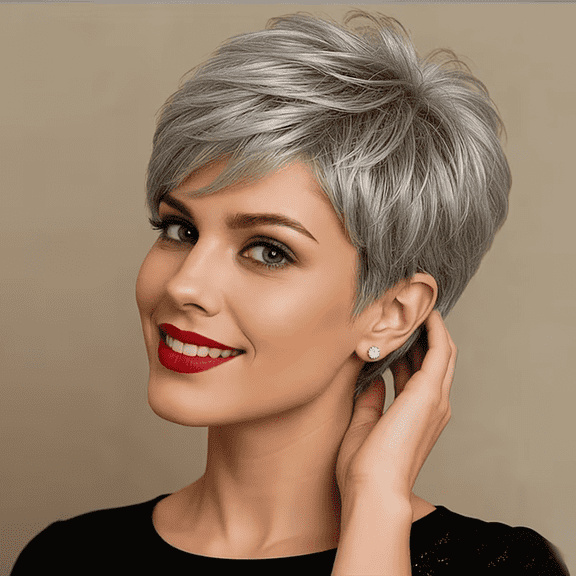 Short Gray Pixie Cut Wig Glueless Wig None Lace Front Wig Full Machine Made Short Layered Wigs with Bangs for Daily Rose Net Cap Wear Pixie Cut Straight Style