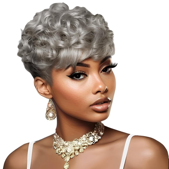 Short Gray Wigs for Black Women Grey Curly Pixie Cut Wig | Grey Curly Pixie Cut Wig Natural Hairstyles for Senior Women Clearance Gray With Bang Synthetic Wigs for Black Women