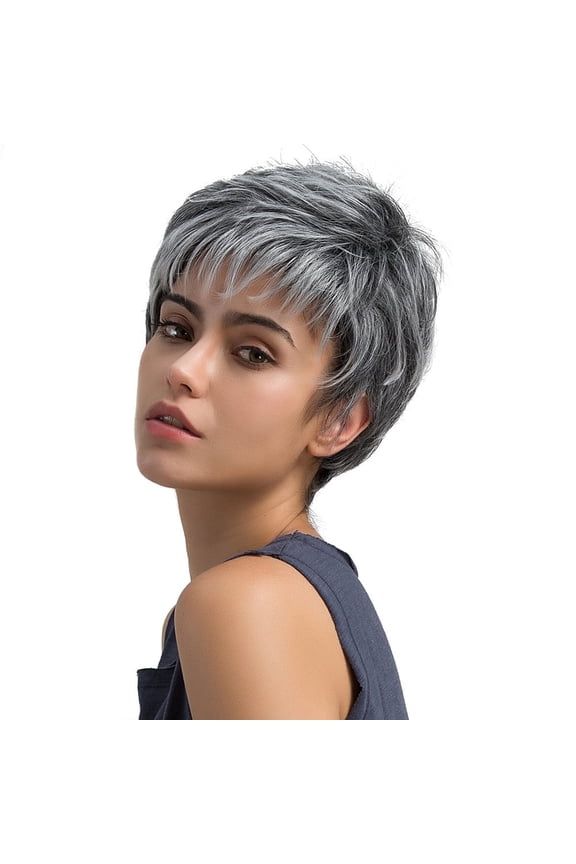 Short Gray Wigs for Women,Pixie Cut Silver Grey Wig with Bangs,Natural Synthetic Layered Soft Fluffy,Natural Light Gray Straight Short Hair Wigs Short Women'S Fashion Wig New,Grey,4.4oz