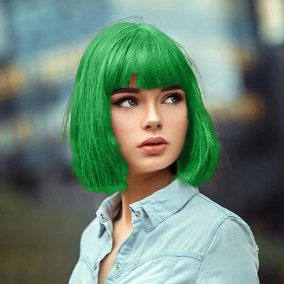 Short Green Wigs for Women, 11. Inch Green Bob Hair Wig with Bangs, Natural Fashion Synthetic Full Wig, Cute Colored Wigs for Daily Party Halloween