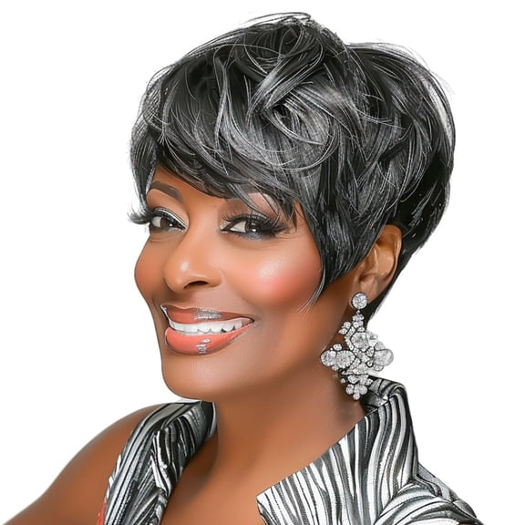 Short Grey Pixie Cut Wig for Black Women, Salt and Pepper Side Part Bangs