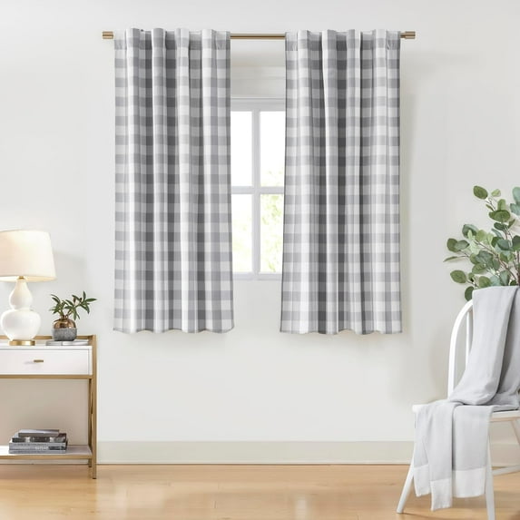 Short Grey White Buffalo Plaid Blackout Curtains 63 Inches Length,Thermal Insulated Drapes,Farmhouse Window Treatment for Bedroom Living Room,Rod Pocket Back Tabs,40" Wx63 Lx2