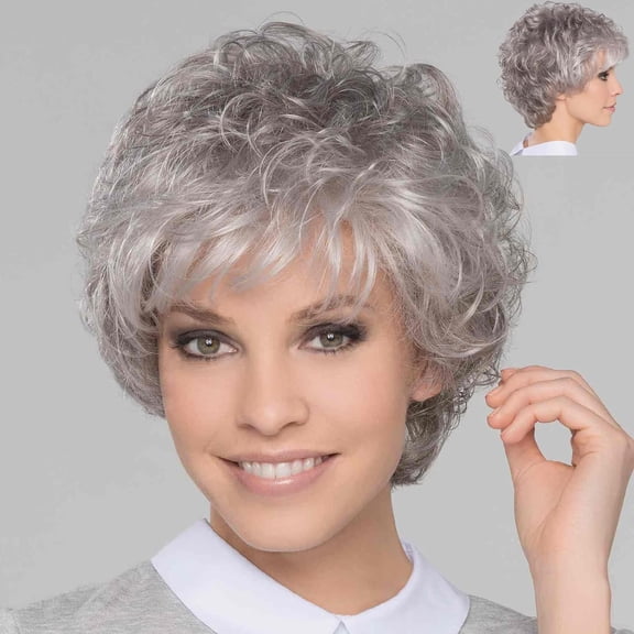 Short Grey Wigs with Bangs Suitable for Women Over 50; Short Curly Wigs Suitable for Caucasian Women; Pixie Cut Layered Waves; Synthetic Material; Natural-Looking Wigs for Older Women.
