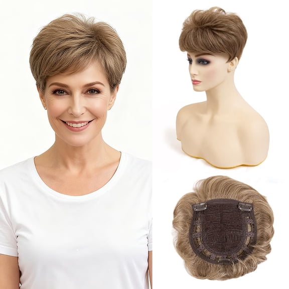 Short Hair Topper for Thinning Hair 4 Inch Short Pixie Cut Toppers Pieces Natural Curly Texture Synthetic Blonde with Highlights Wiglets Hairpieces (4 Inch)