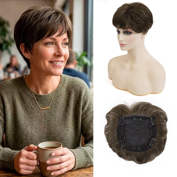 Short Hair Topper for Thinning Hair 4 Inch Short Pixie Cut Toppers Pieces Natural Curly Texture Synthetic Dark Golden Brown Wiglets Hairpieces (4 Inch)