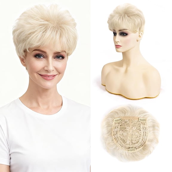 Short Hair Topper for Thinning Hair 4 Inch Short Pixie Cut Toppers Pieces Natural Curly Texture Synthetic Light Ash Blonde Wiglets Hairpieces (4 Inch)
