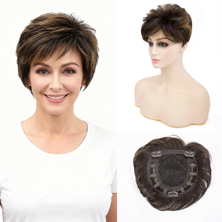 Short Hair Topper for Thinning Hair 4 Inch Short Pixie Cut Toppers Pieces Natural Curly Texture Synthetic Rich Chestnut Brown & Highlight,Wiglets Hairpieces (4 Inch)