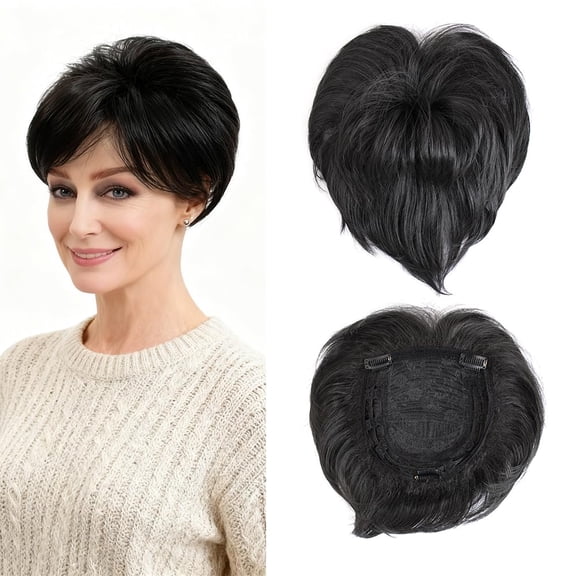 Short Hair Topper for Thinning Hair 5.5 Inch Short Pixie Cut Toppers Pieces Natural Curly Texture Synthetic Black Wiglets Hairpieces (Black, 5.5 inch)