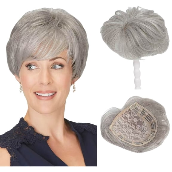Short Hair Topper for Thinning Hair 5.5 Inch Short Cut Toppers Pieces Natural Curly Texture Synthetic Mix Grey Wiglets Hairpieces