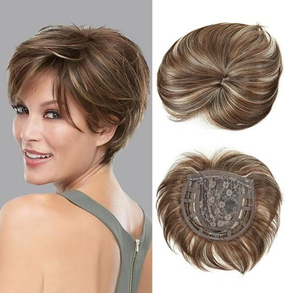 Short Hair Toppers for Women with Thinning Hair Large Full Coverage with 3 Clips Hair Pieces Wispy Bangs(Brown Highlight Blonde) Dark Brown Highlight Blonde