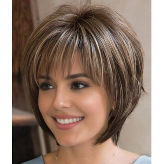 Short Hair Wigs with Bangs Dark Brown Mixed Blonde Pixie Cut Wig for Women Straight Synthetic Fiber Wigs