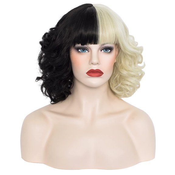 Short Half Black And Blonde Wig 14'' Curly Wavy Shoulder Length Pastel Synthetic Cosplay Wig Heat Resistant For Halloween Christmas Carnival Party