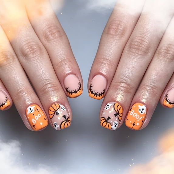 Short Halloween Press on Nails Short 24Pcs, Pumpkin Ghost French Tip Black Stitched Spooky Fake Nails Set, Reusable False Nails for Trick-or-Treat Daily Wear Women Girls