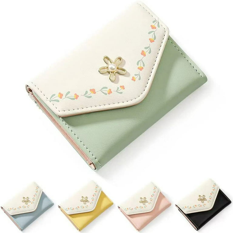 Short Hand Pocket Wallet Snap Triangle Multi-Card Slot Flower Bud Women's  Wallet/2PCS/Black+Green 