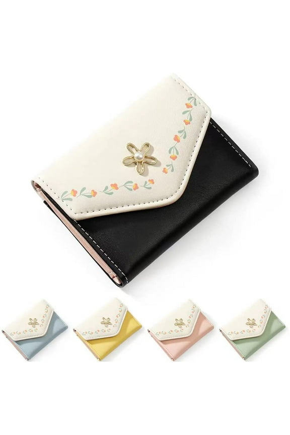 Short Hand Pocket Wallet Snap Triangle Multi-Card Slot Flower Bud Women's Wallet/Black