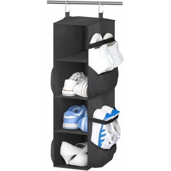 Short Hanging Shoe Organizer for Closet Storage with Mesh Side Pockets Holds 8 Pairs, Hanging Shoe Rack Hanger RV, Camper, Black