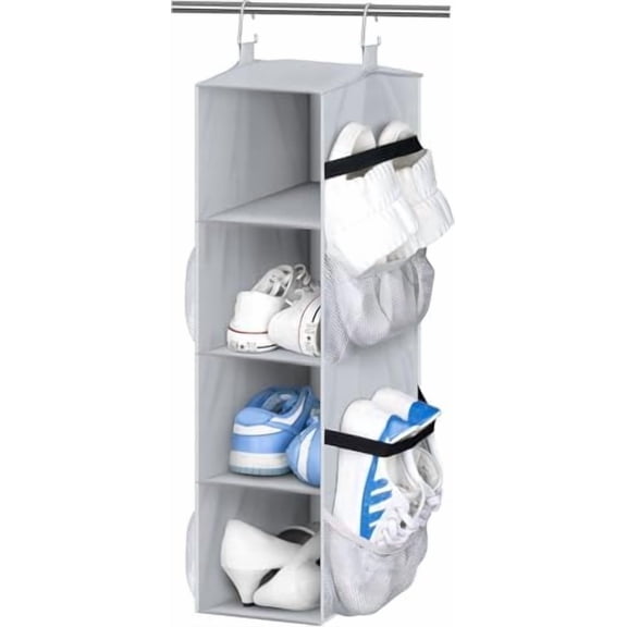 Short Hanging Shoe Organizer for Closet Storage with Mesh Side Pockets Holds 8 Pairs, Hanging Shoe Rack Hanger RV, Camper, Grey
