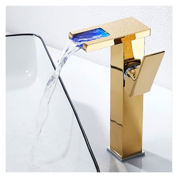 Short/High Brass Waterfall LED Bathroom Basin Faucet Cold Hot Mixer Crane Sink Tap Black Color Change Powered by Water Flow