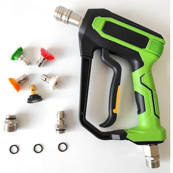 Short High Pressure Washer Gun, 5000 PSI Power Washer Spray Handle with 3/8" Quick Connect Plug and M22-14/15mm Fittings, 1/4 Quick Connector Coupler, 5 Nozzle Tips, 7.1 Inch$$Tools