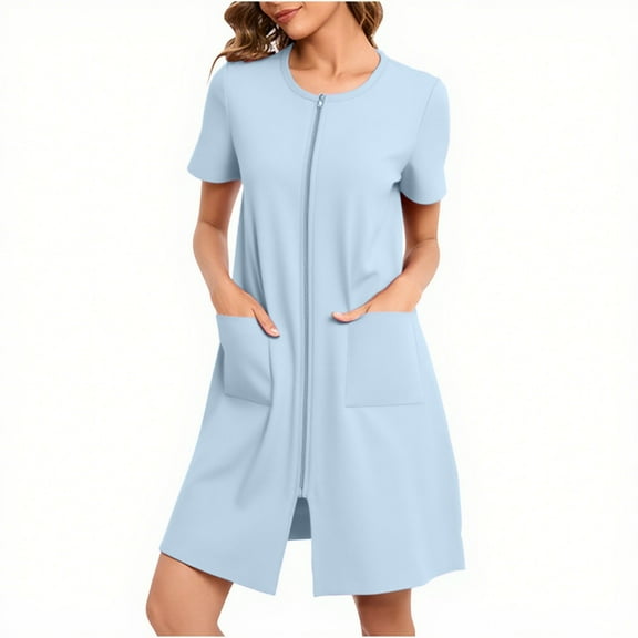 Short Housecoat for Women Casual Zipper Robes Short Sleeve Loungewear Bathrobes Comfort Nightgown Sleepwear New Womens Cotton Nightgown Light Blue XXL