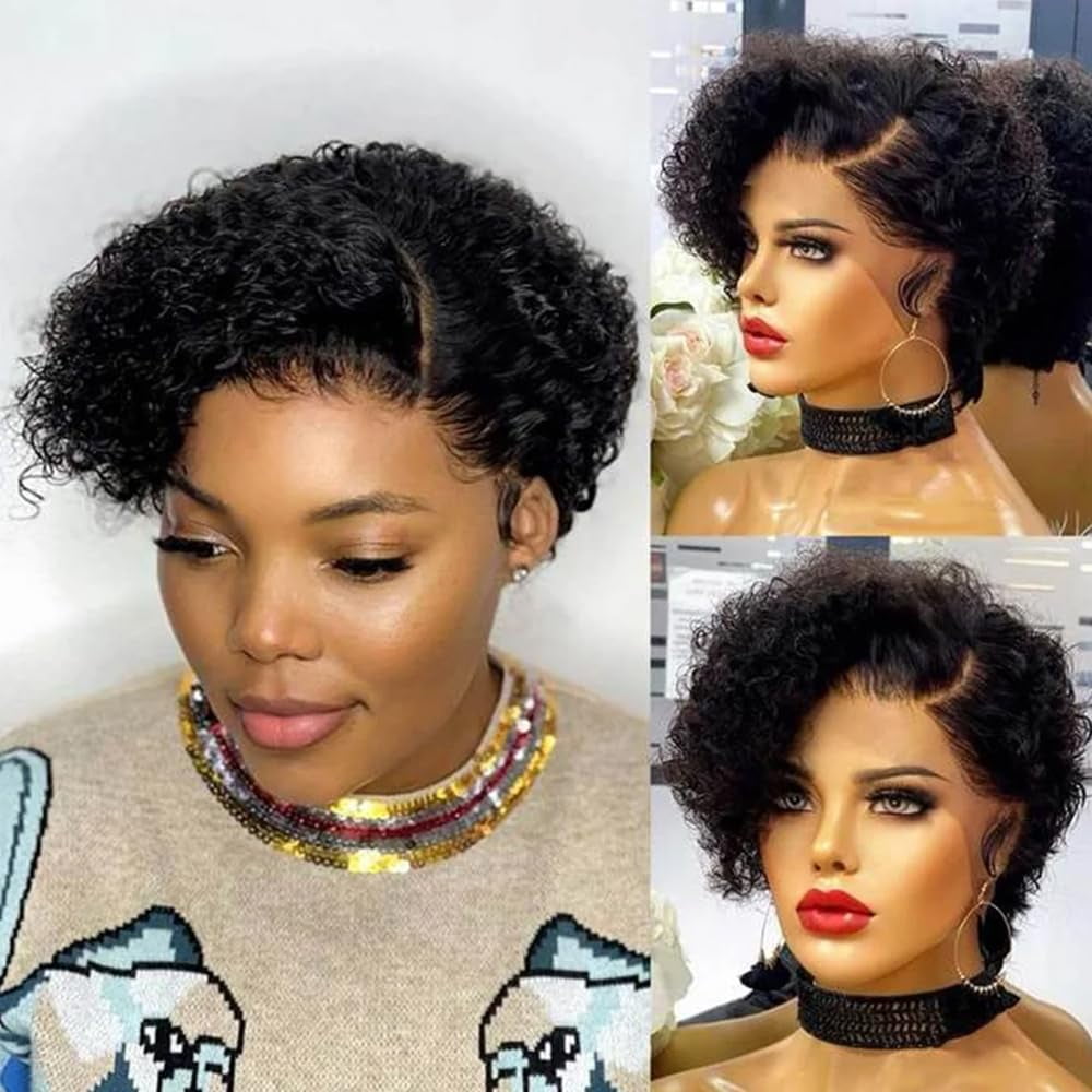 Short Human Hair 13x4x1 T Lace Front Wigs Pixie Cut Curly Human Side Part Wigs Black Wavy Hair 3619