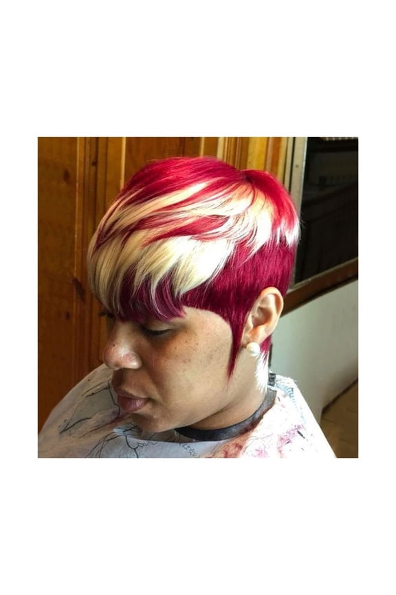 Short Human Hair Pixie Cut Wig with Bangs Burgundy Wig Full Machine Made Haircut Wig