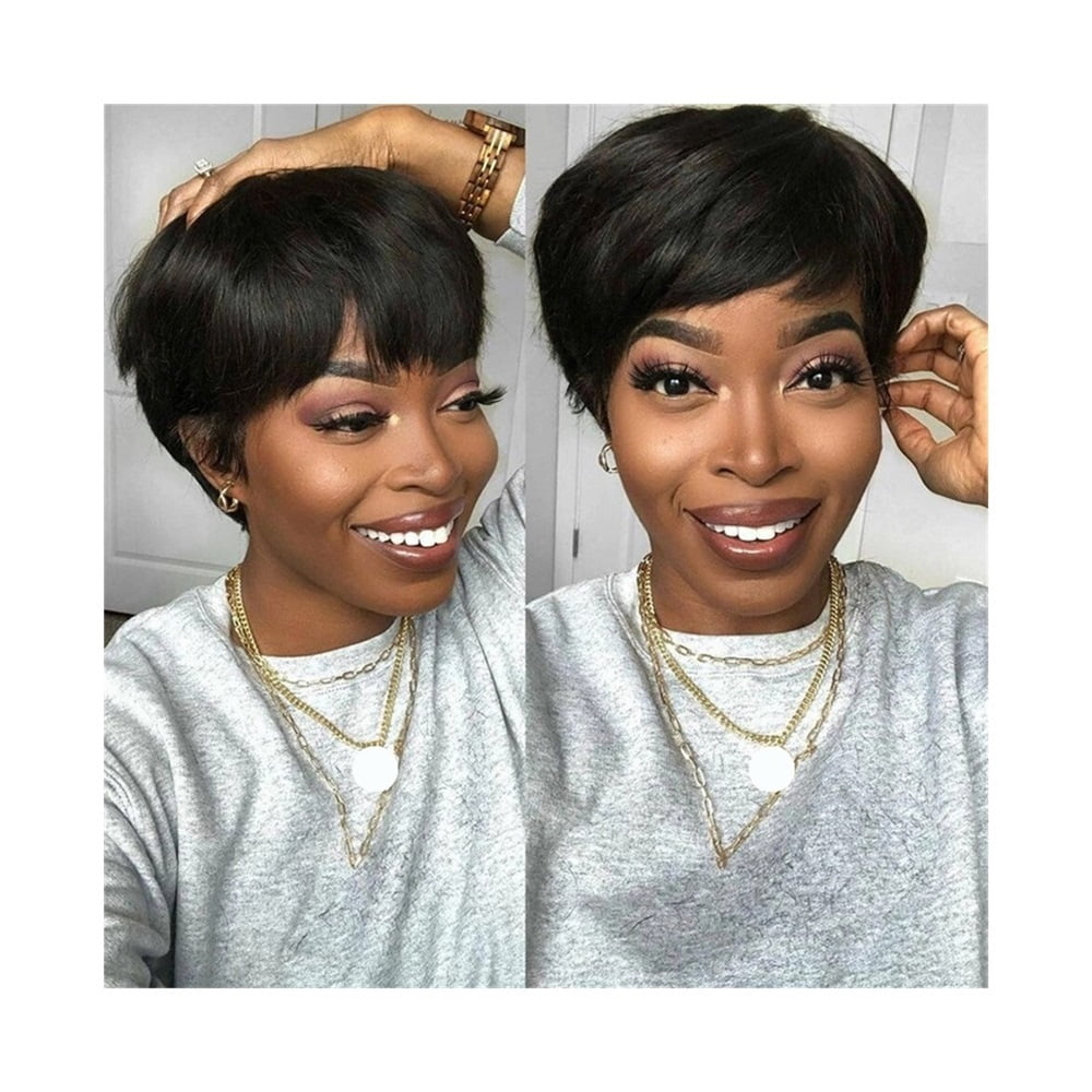Short Human Hair Wigs Machine Made Wigs with Bangs No Lace Wig