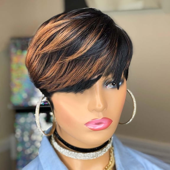 Short Human Hair Wigs for Black Women Glueless Pixie Wig Human Hair Layered Wavy Wigs with Bangs Pixie Curly Glueless Black with Brown F1B 30/33#