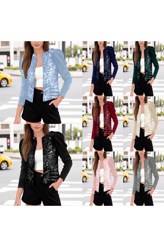 Short Jackets for Women Casual Glitter Corduroy Patchwork Coat Stylish Winter Spring Womens Sequin Outerwear Blue L