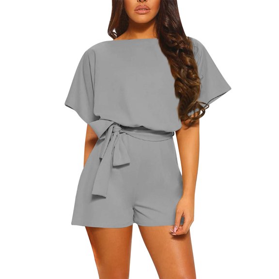 Short Jumpsuit for Womens Short Sleeve Wide Shorts Strappy Playsuit Crew Neck Loose Fitted Overalls Solid Classic Jumpsuits Outdoor Going Out Workout Outfits