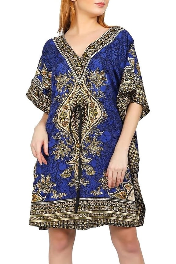 Short Kaftan Beach Cover ups Dresses for Women Ladies Dashiki Caftan Loungewear Free Size Blue