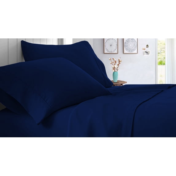 Short King Size 1000 Thread Count Sheet Set Solid - 4 Piece - Hotel Luxury Bed Sheets- 30" Deep Pockets Easy Fit - Breathable & Cooling Sheets ( Navy Blue )
