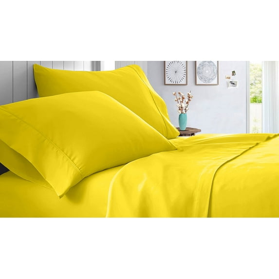 Short King Size 1000 Thread Count Sheet Set Solid - 4 Piece - Hotel Quality Super Soft Bed Sheets- 18" Deep Pockets Easy Fit - Breathable & Cooling Sheets ( Yellow )