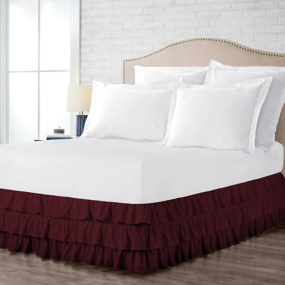 Short King Size Tailored Drop Multi Ruffled Solid Bed Skirt with Adjustable Elastic Belt Microfiber Fabric Fade & Wrinkle Resistant Bed Frame Cover Easy to Fit & Care (15 Inch Drop, Wine)