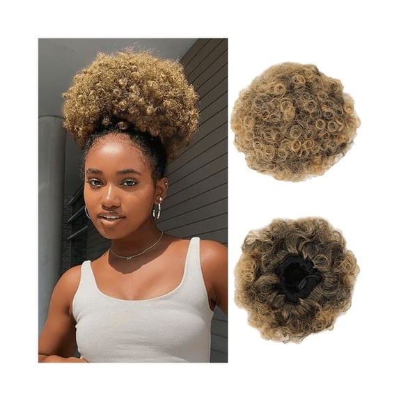 Short Kinky Curly Afro Puff Drawstring Ponytail Extension - Natural Look Synthetic Bun Hairpiece
