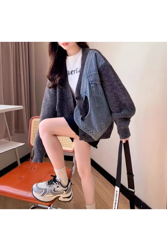 Short Knit Denim Patchwork Cardigan Women'S Fall New Sweater Coat Cute Cropped Style Outerwear Fashion Trending