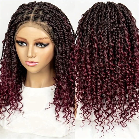 More Beautiful 16'' Knotless Box Braided For Black Women, Full Lace, Synthetic Hair, Daily Routine Faux Locs Wig, Ombre Burgundy, 1 Count
