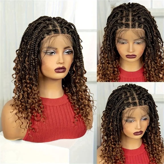 More Beautiful  Short Knotless Box Braided Wig For Black Women with Curly Ends, Full Lace  Synthetic Hair Dark Brown