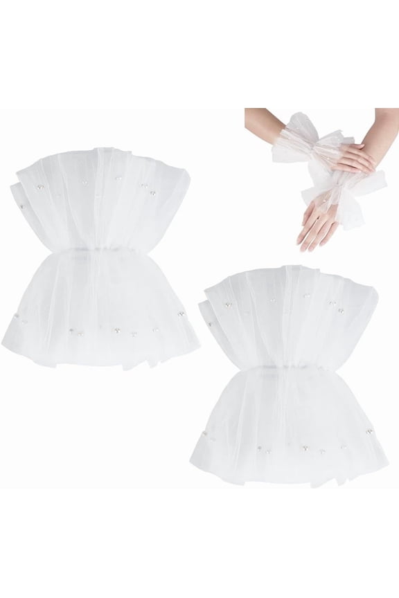 Short Lace Fingerless Gloves Pearl Tulle Wedding Gloves Wrist Cuffs Gloves for Women Masquerade Wedding Party
