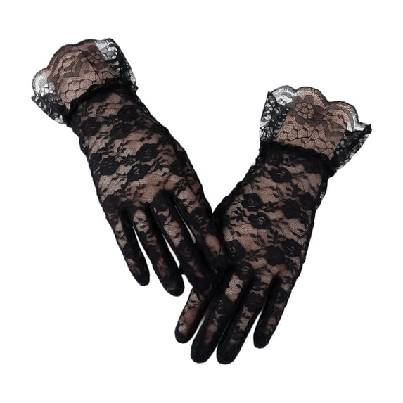 Short Lace Gloves Women, Elegant Floral Wedding Bridal Tea Party Gloves with Ruffle Tulle Cuff