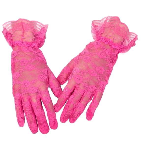 Short Lace Gloves Women, Elegant Floral Wedding Bridal Tea Party Gloves with Ruffle Tulle Cuff
