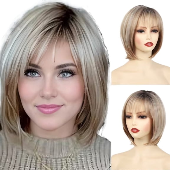 Short Layered Highlight Blonde Wig | Suitable for Caucasian Women | Straight Pixie Cut | Air Bangs | Mother's Day Gift