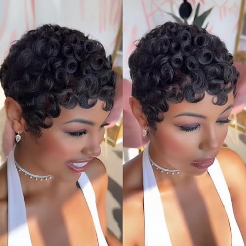 Short Layered Pixie Cut Wig Human Hair Wear and Go Glueless Curly Human Hair Wigs With Bangs for Women Black Color Glueless Full Machine Made Human Hair Wig